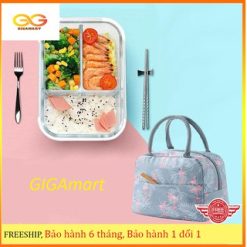 Bộ Hộp Đựng Cơm Thủy Tinh 3 Ngăn kèm túi giữ nhiệt và bộ thìa đũa inox